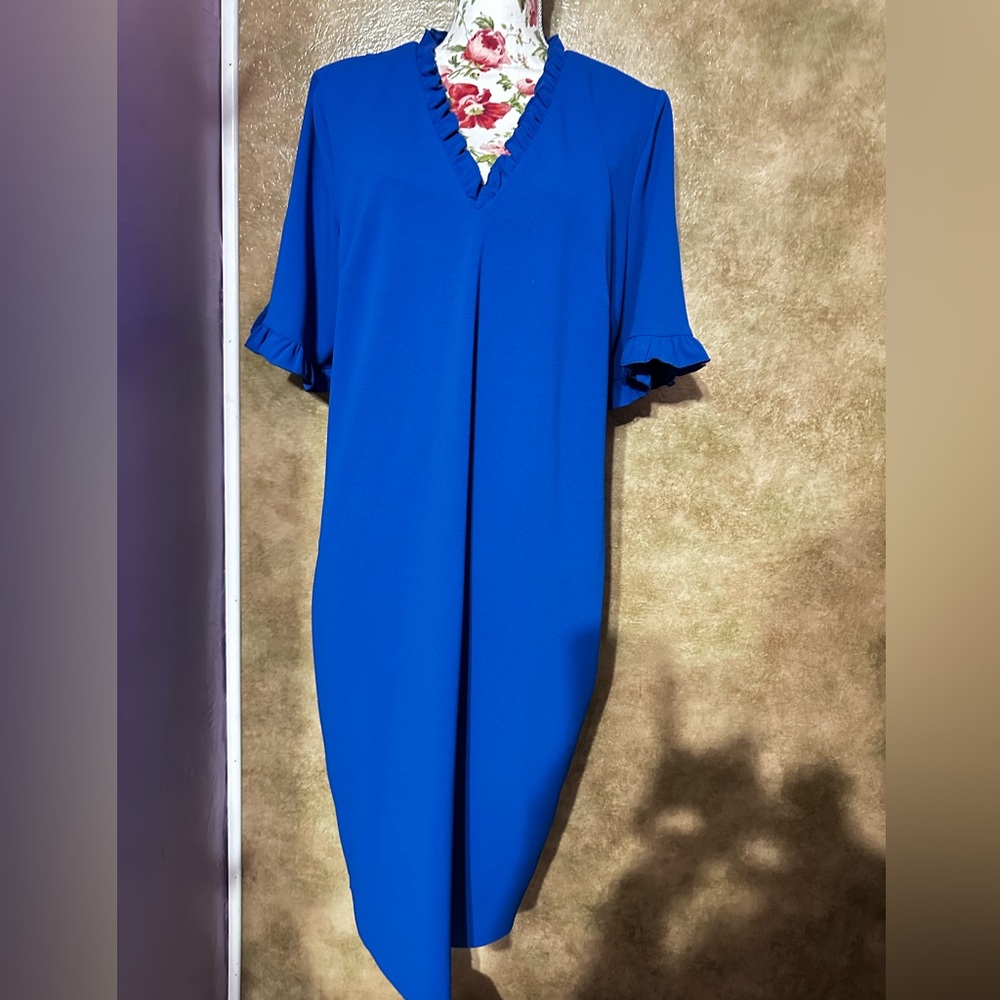 Calvin Klein Royal Blue V-Neck Ruffle Sleeve Dress